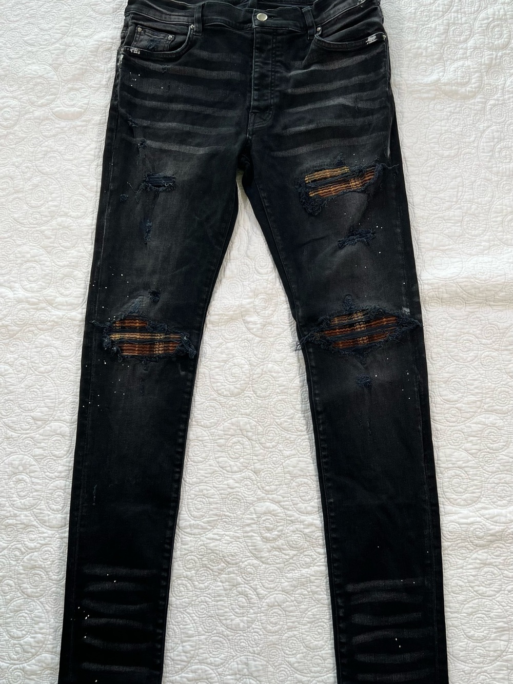 AMIRI MX1 Plaid Patch Skinny Jeans Aged Black Men's Size 34 Authentic